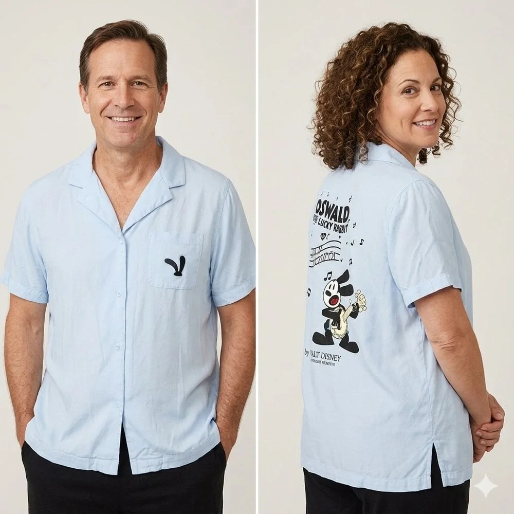 Disney Oswald The Lucky Rabbit Pajama Shirt 2X Blue Button Down Unisex
